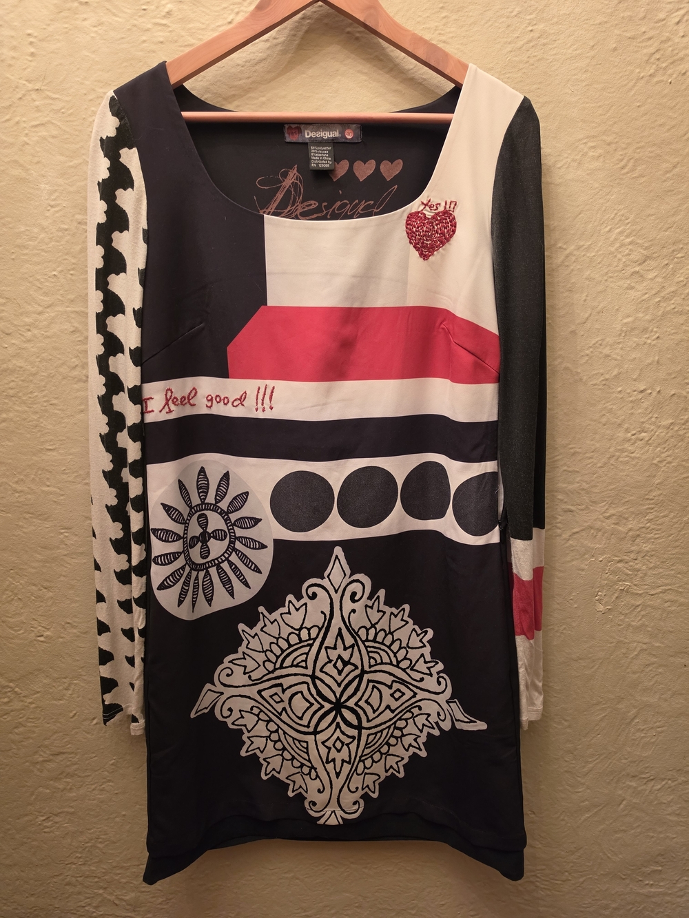 Desigual Size 40 Black Red Patchwork Graphic Tunic Dress Artsy Boho